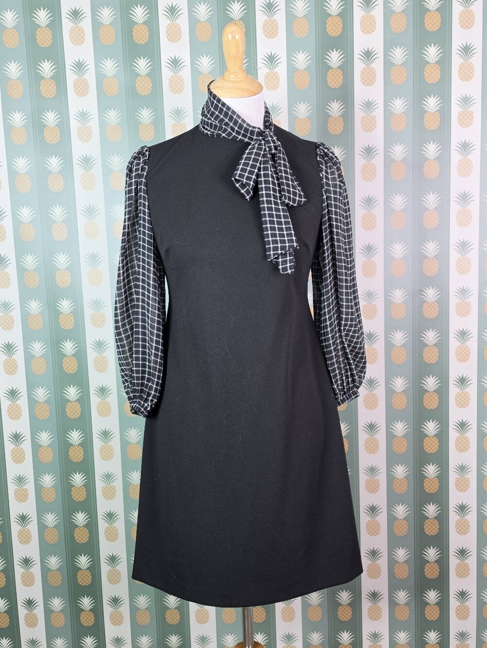 Calvin Klein Black Shift Dress with Checked Accent Sleeves